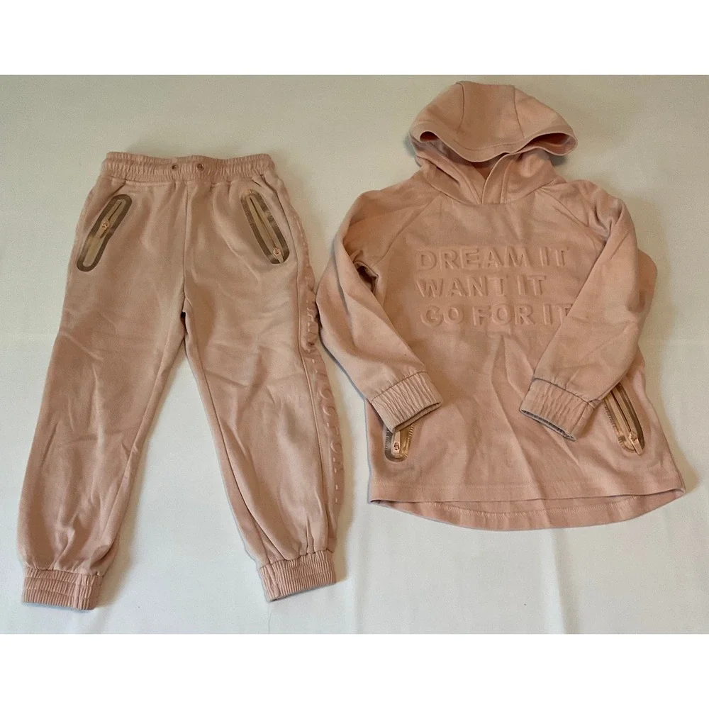 ZARA Hoodie Jogger Set Kids Size 6 Pink Excellent Embossed Rose Gold Tracksuit